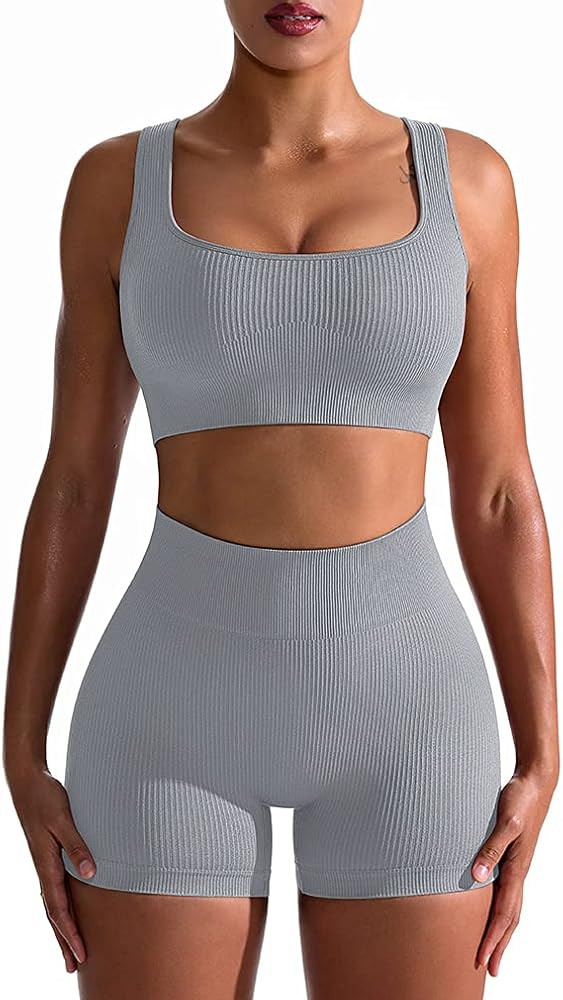 OQQ Workout Outfits for Women 2 Piece Seamless Ribbed High Waist Leggings with Sports Bra Exercis... | Amazon (US)
