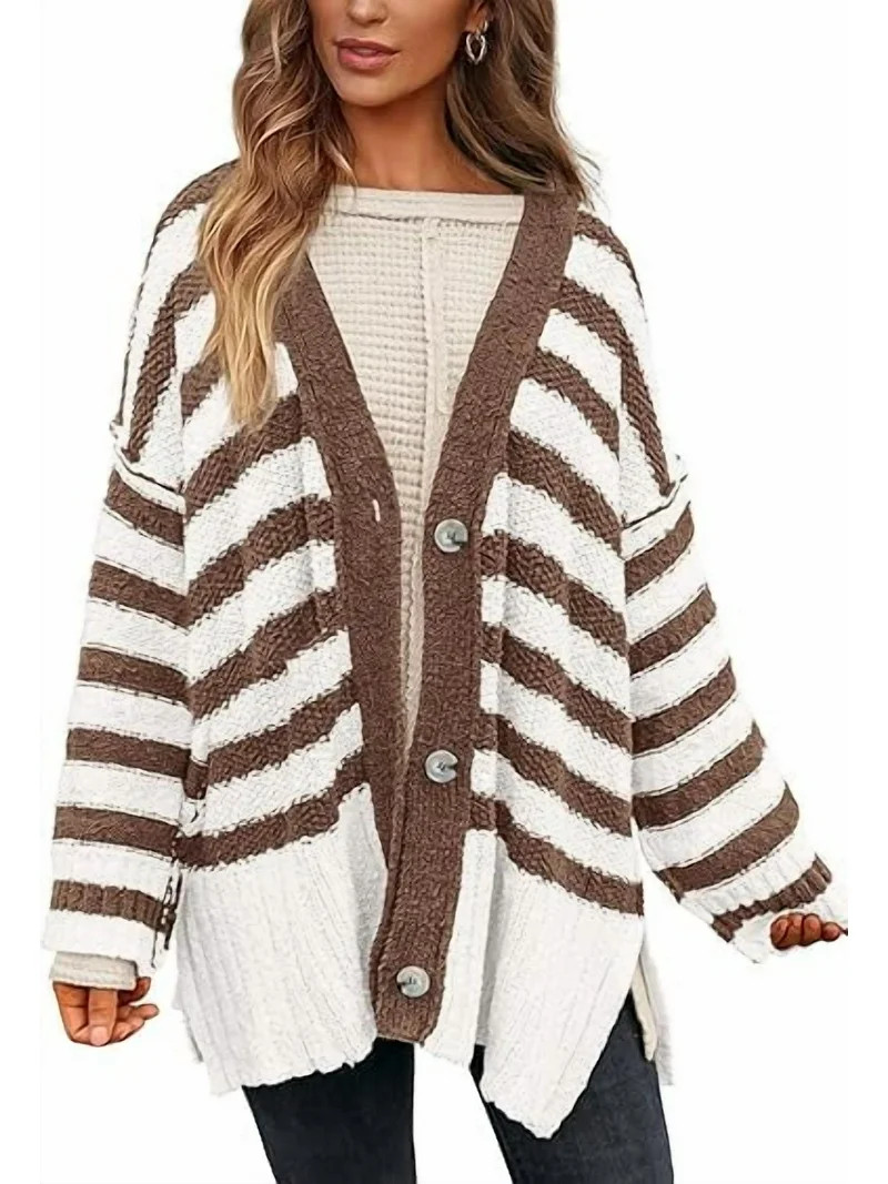 PRETTYGARDEN Women's Winter Striped Cardigan Sweaters Long Sleeve Button Down Open Front Chunky K... | Walmart (US)