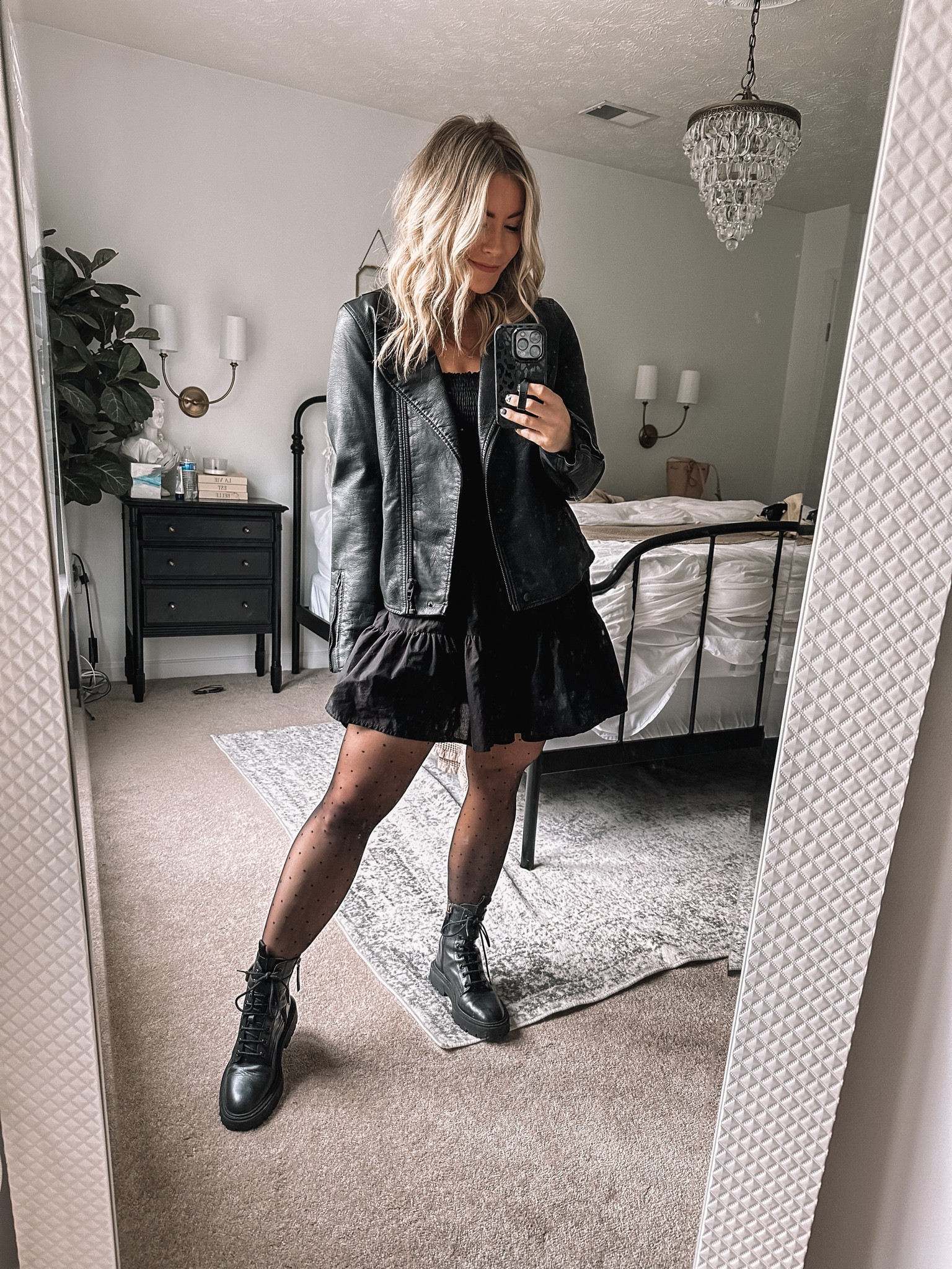 Faux leather jacket, flare dress, lace up boots 

#LTKshoecrush #LTKunder100 #LTKunder50