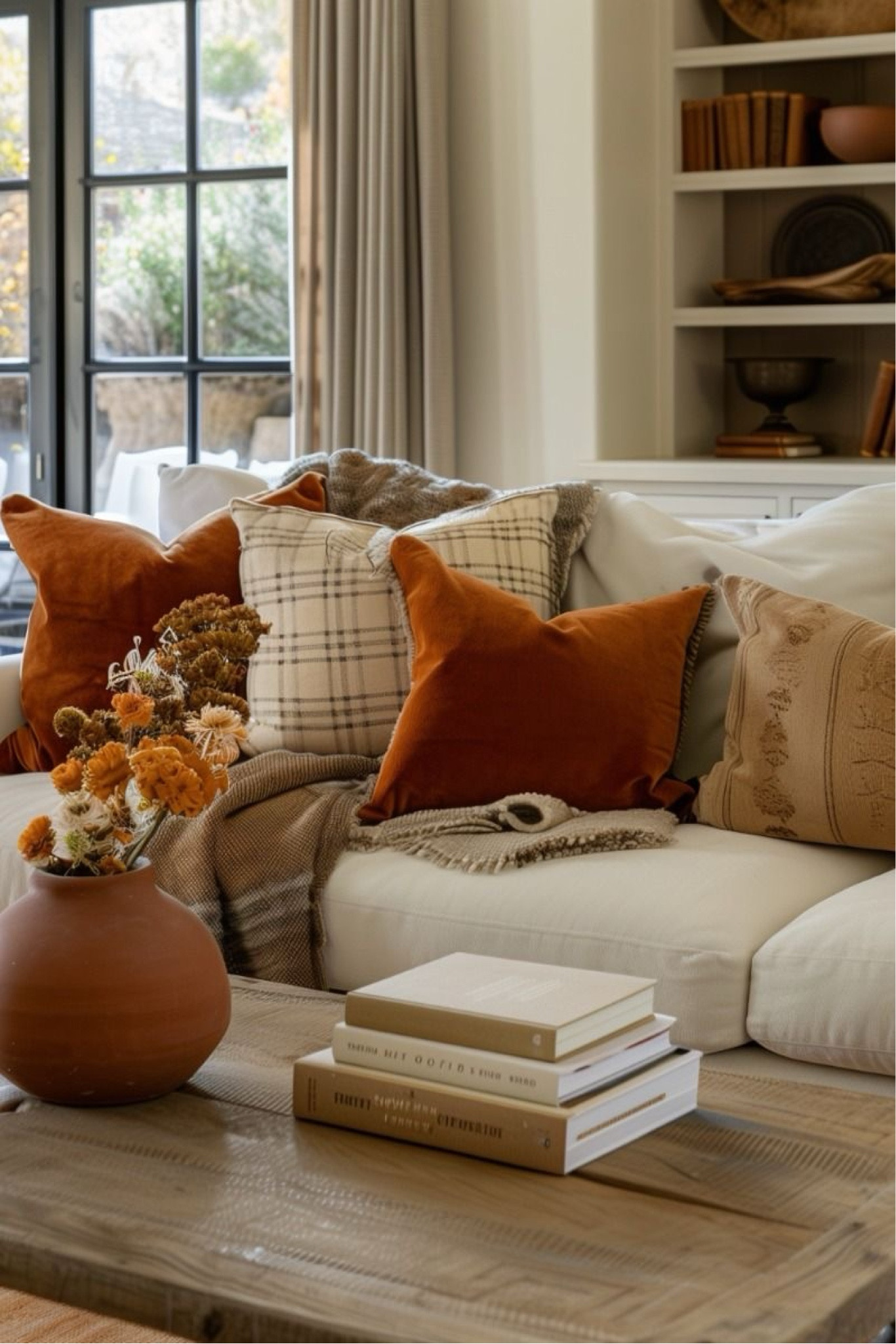 Cozy Fall decorating, Fall living room decorations. Fall home decor orange velvet pillow, plaid pillows, taupe plaid blanket, terracotta vase with Fall foliage, coffee table books. Follow for more cozy home decor inspiration 🥰