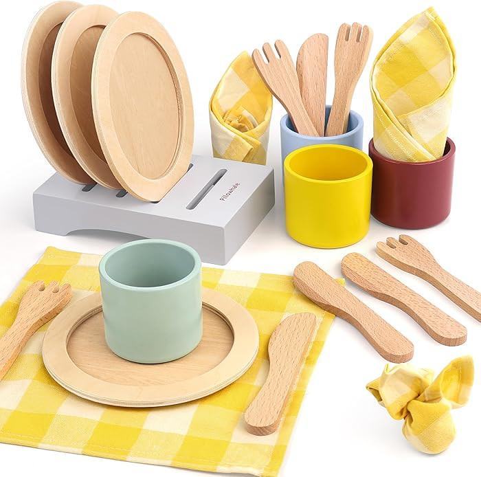 Wooden Toy Plates and Dishes Set,Play Kitchen Cutlery and Plate Set,21Piece Kids Kitchen Playset ... | Amazon (US)