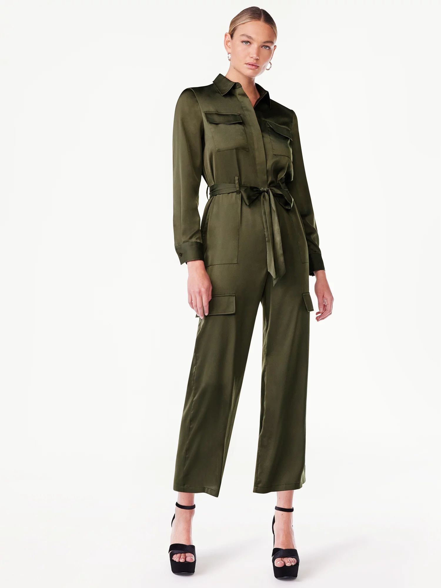 Scoop Women's Wide Leg Satin Jumpsuit with Cargo Pockets, Sizes XS-2XL | Walmart (US)