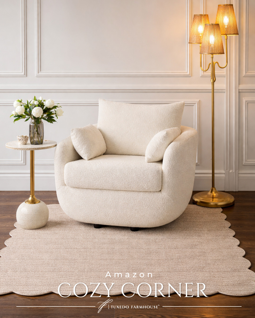 Amazon Cozy Corner 🤍✨

Creating a cozy reading moment doesn’t have to be complicated. This little corner came together with the softest boucle chair, a scalloped neutral rug, warm brass lighting, and fresh white florals for a calm layered look.  

 #LTKSeasonal #LTKHome #LTKSaleAlert