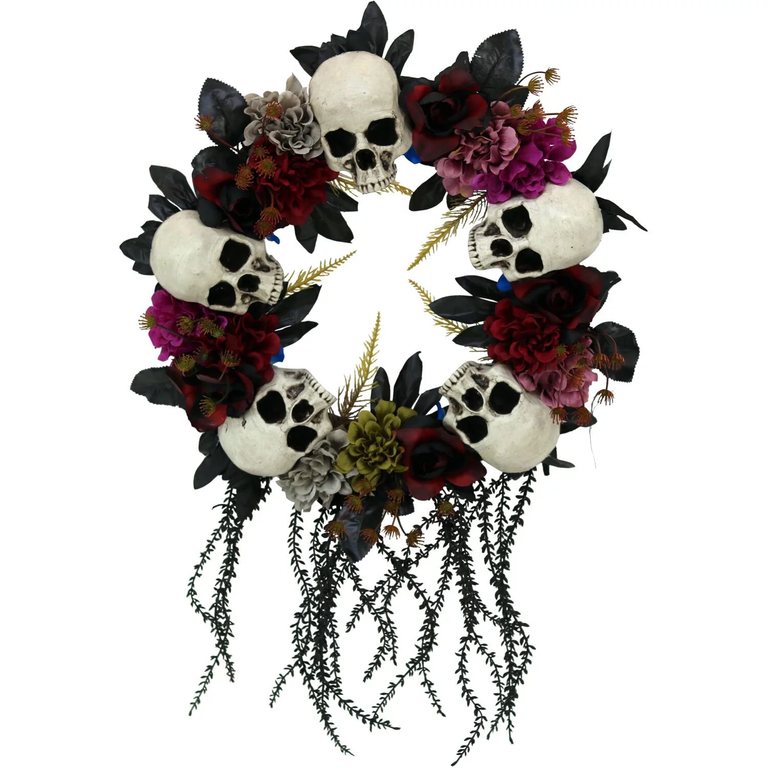 Haunted Hill Farm 24 in. Hanging Wreath with Skulls, Fall Flowers, and Vines | Indoor/Covered Out... | Walmart (US)