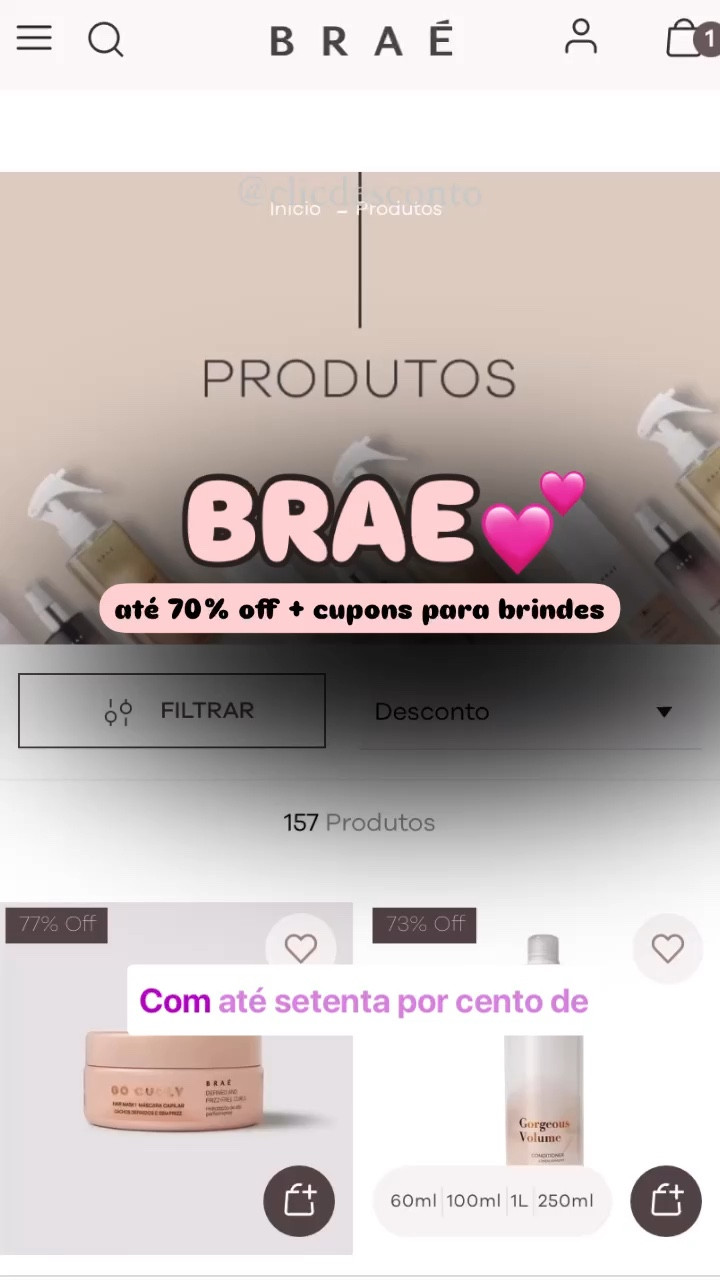 BRAE 💕Muitos descontos!!!

✨MAIS DE 70% OFF EM VÁRIOS PRODUTOS NO SITE E A DICA BÔNUS DE COMO GANHAR BRINDES✨ 

Testem os cupons ⬇️

🏷️Use cupom: PALETA (🎁 paleta de sombras da disney)
*Veja banner da promoção no site

🏷️Use cupom: ILUMINADOR (🎁 iluminador corporal)
*veja banner da promoção no site

💡1 brinde por compra!!! Eu fiz o teste: alguns kits ganham uma necessaire de brinde, então os cupons acabam não ficando válidos!

⚠️Promoção pode encerrar a qualquer momento

Na descrição estão apenas alguns produtos na promo!!! No site tem muito mais!

#LTKbeleza #LTKbrasil #LTKpromo