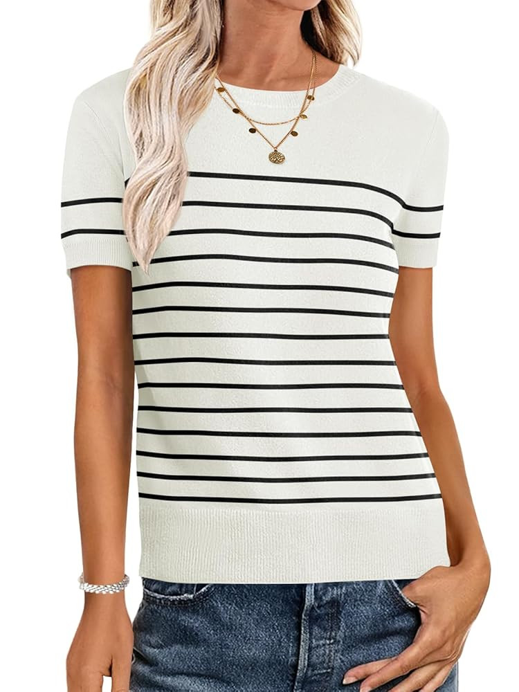 ANRABESS Womens Short Sleeve Sweaters Wool Blend Crew Neck Sweater Shirts Business Casual Work To... | Amazon (US)