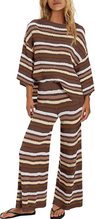 ReachMe Womens Oversized Striped 2 Piece Set Sweater and Wide Leg Pants with Pockets Pajama Loung... | Amazon (US)