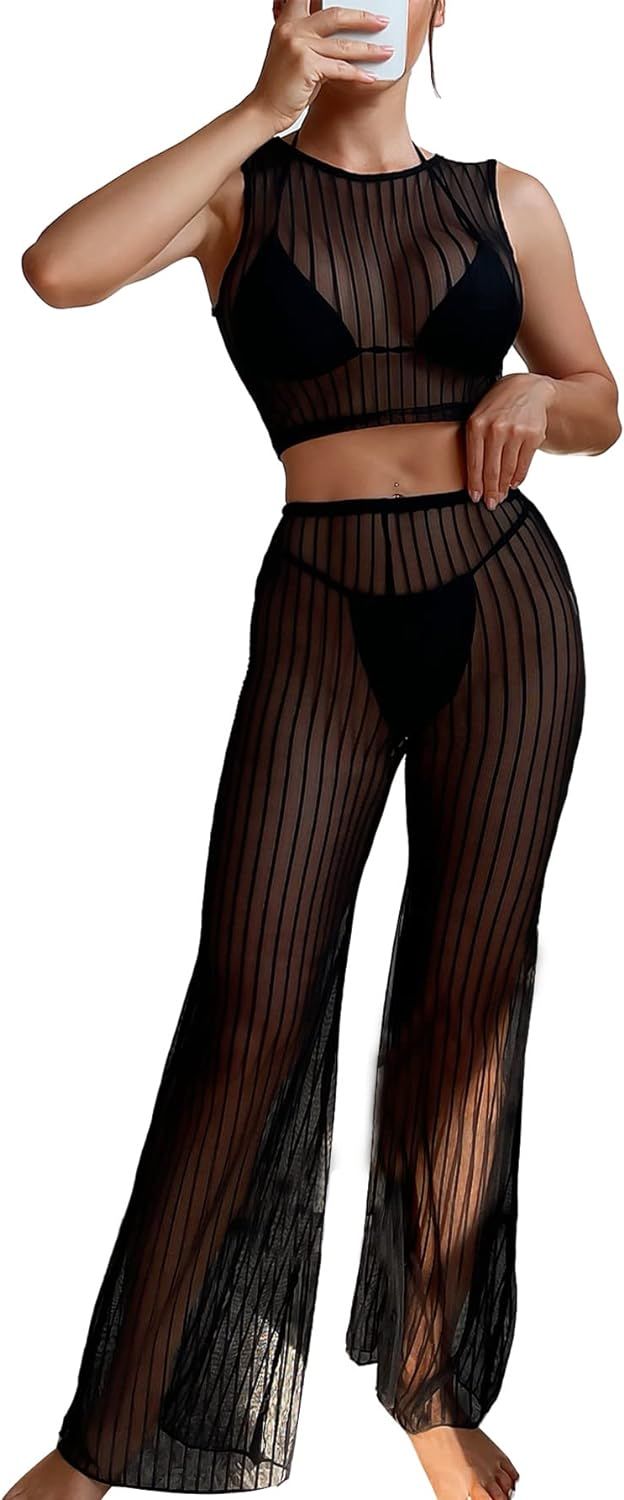WDIRARA Women's Sheer Mesh 2 Piece Sexy Swim Cover Up Set Striped Crop Top and Flare Pants | Amazon (US)