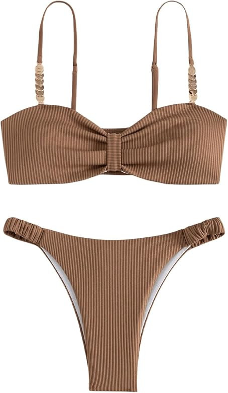 MakeMeChic Women's Bikini Sets Ruched Rib Knitted Spaghetti Strap Cheeky Swimsuit Bathing Suit | Amazon (US)
