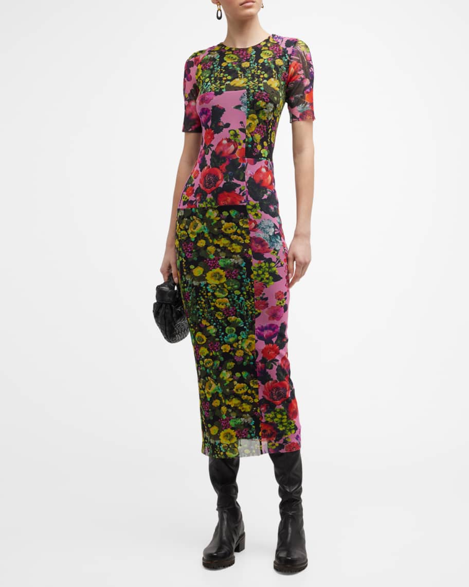 Fuzzi Short-Sleeve Floral-Print Tulle Midi Dress | Neiman Marcus
