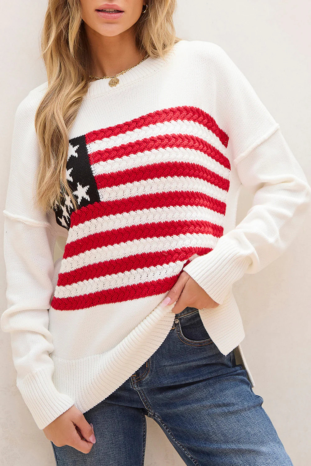 American Flag Sweater M - 8/10 / White / 55%Acrylic+45%Cotton | Casual Chic Boutique
