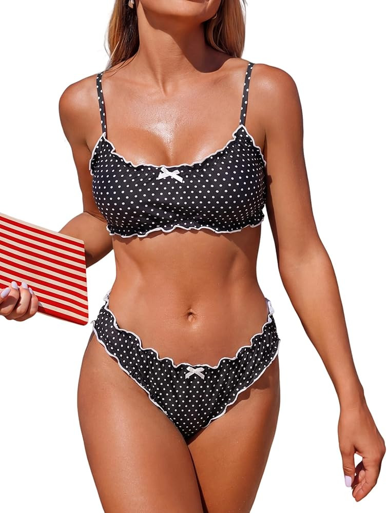 ZAFUL Womens Bikini Set 2 Piece Swimsuit Bandeau Top Cute Plaid Ruffled Bow Decor Cheeky Bathing ... | Amazon (US)