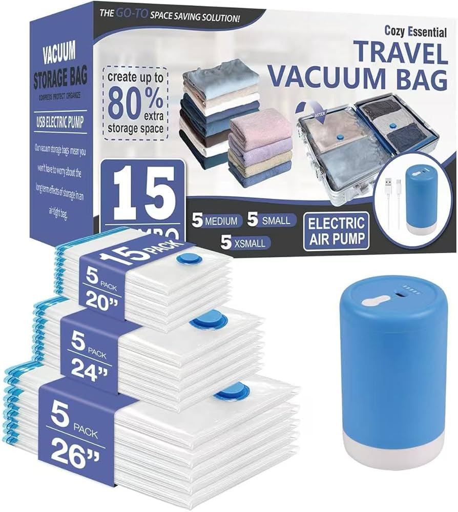 Cozy Essential 15 Pack Travel Vacuum Storage Bags with Rechargeable Wireless Electric Pump for Lu... | Amazon (US)