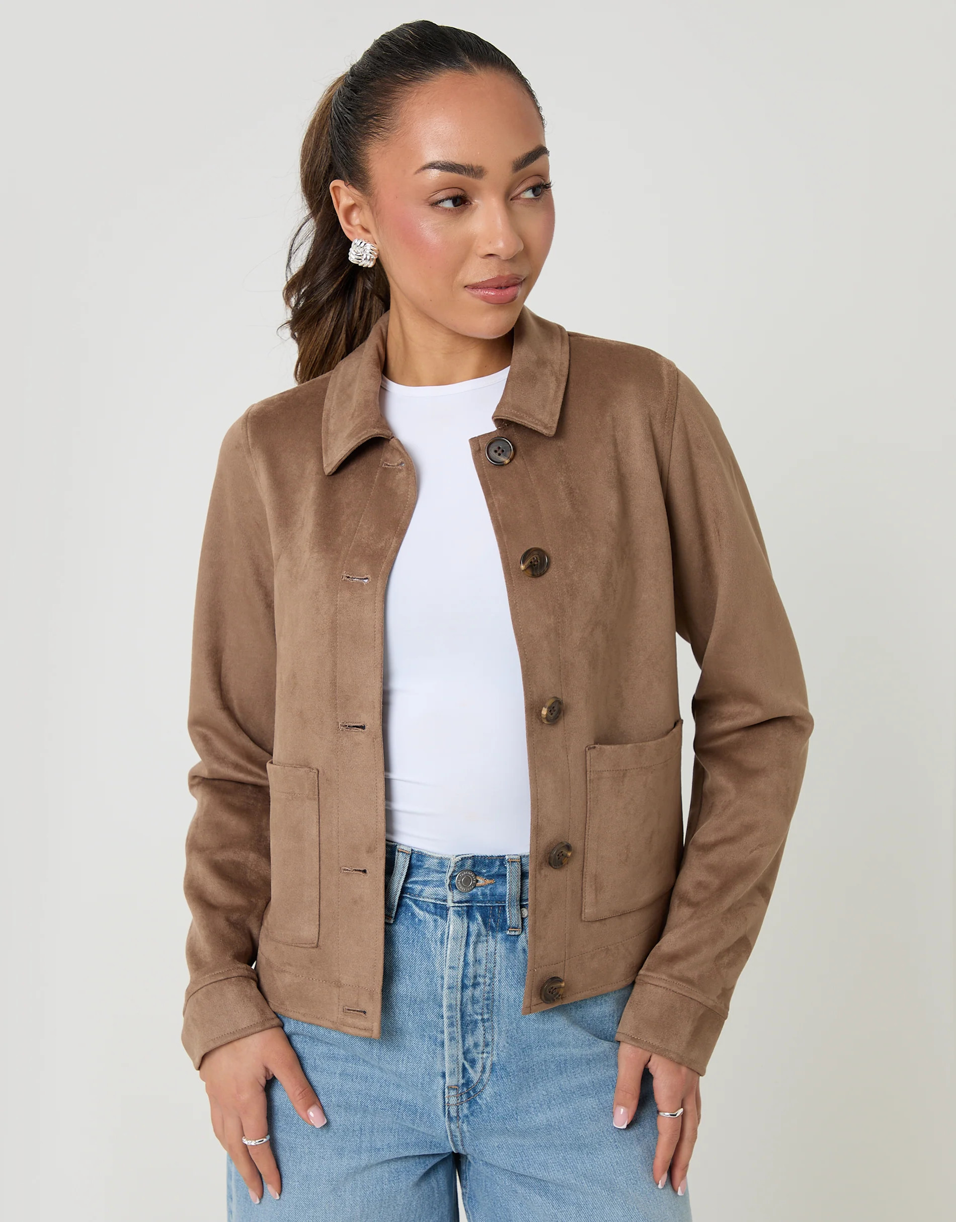 Taupe Cropped Button Up Suedette Shacket | Threadbare