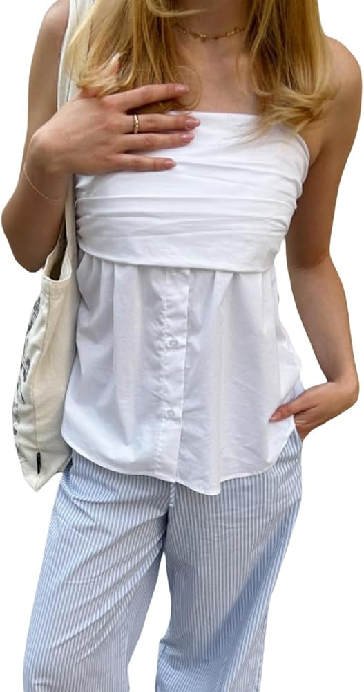 Women's Button Down Tube Top Trendy Flowy Strapless Sleeveless Pleated Peplum Blouse Casual Going... | Amazon (US)