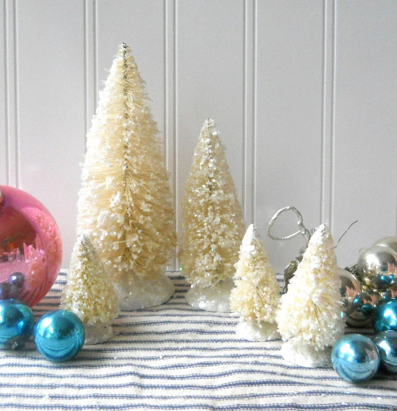 5 bottle brush trees Cream Winter White Vintage Style Frosted Glittered Mica Christmas Decor Cottage Chic | Etsy (US)