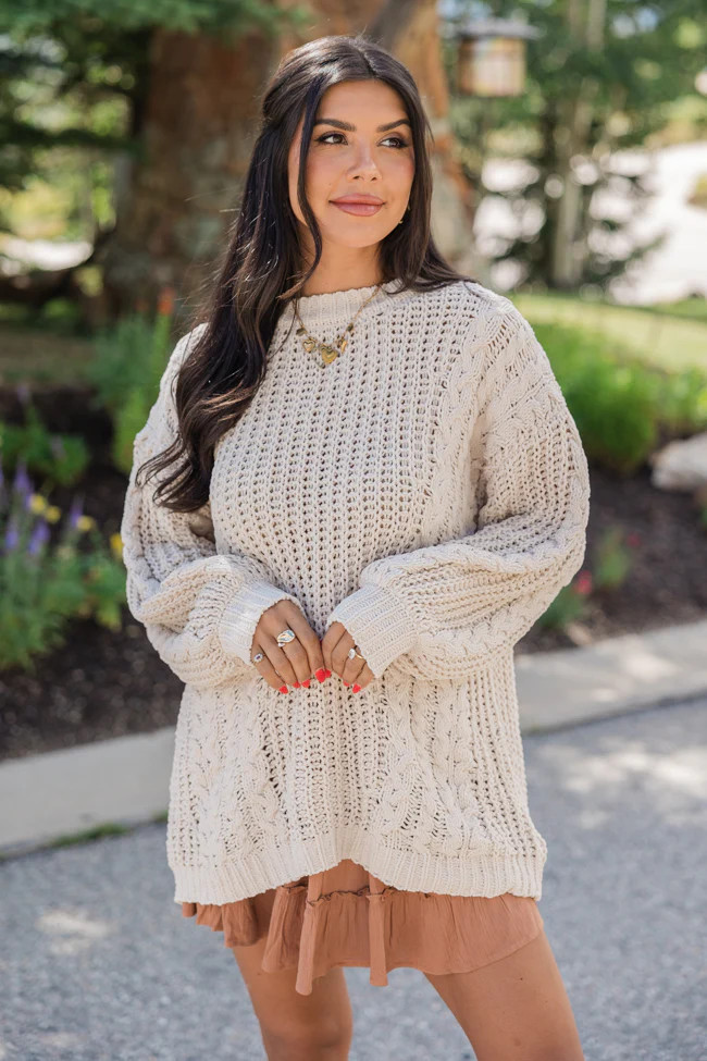 Wide Open Spaces Beige Chenille Cable Knit Oversized Sweater | Pink Lily