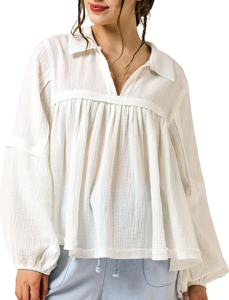 noflik Boho Casual Oversized Collared v-Neckline Long Bubble Sleeve Loose Flowy 100% Cotton Gauze... | Amazon (US)
