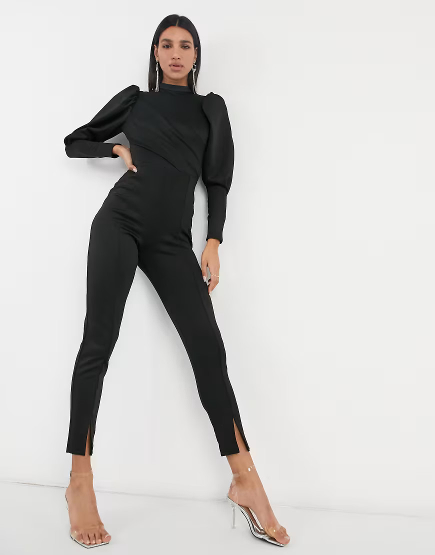 ASOS DESIGN puff sleeve open back scuba jumpsuit with split leg in black | ASOS (Global)