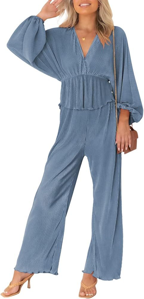 Viottiset Women's 2 Piece Outfits Pleated Loungewear Wide Leg Pants Sweatsuit V Neck Lounge Set | Amazon (US)