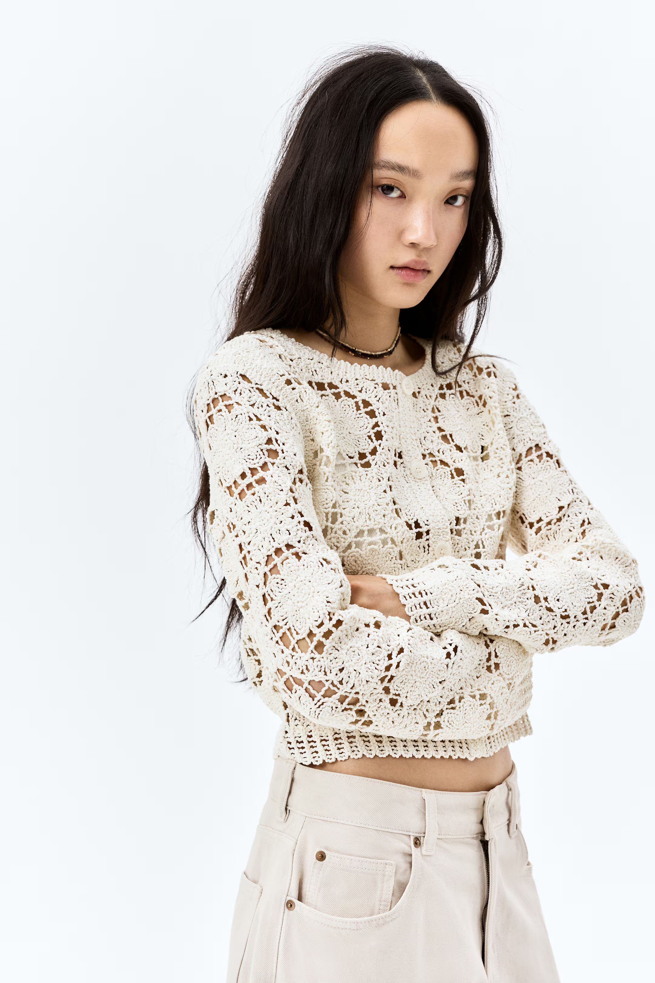 Crochet-look cardigan - White - Ladies | H&M GB | H&M (UK, MY, IN, SG, PH, TW, HK)