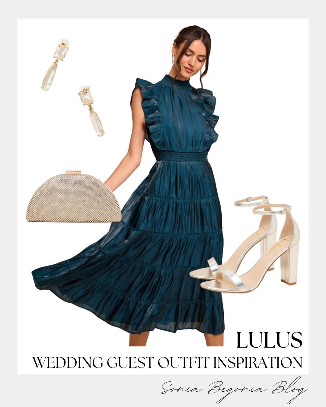 Wedding guest glam with Lulus! 💃 
I styled this stunning teal high-neck ruffled midi dress, perfect for any special occasion or evening celebration.

I paired it with metallic ankle-strap heels, drop crystal earrings, and a sparkling clutch for a completely effortless, elegant look. ✨

#Lulus #WeddingGuestDress #TealDress #EventStyle #WeddingGuestInspo #LTKwedding #LulusFashion #CocktailDress

#LTKootd #LTKWedding
