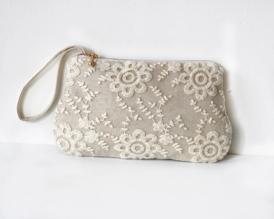 Linen Lace Clutch: Floral Embroidered Bridesmaid Purse With Wrist Strap - Etsy | Etsy (US)