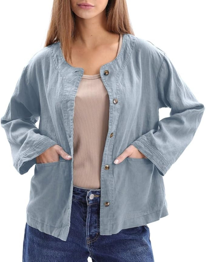 Amazhiyu Women's 100% Linen Long Sleeve Button Up Crew Neck Lightweight Cardigan | Amazon (US)