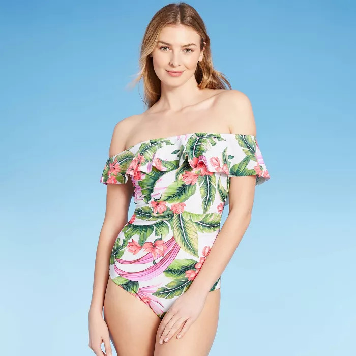 Women's Off Shoulder Flounce High Coverage One Piece Swimsuit - Kona Sol™ White | Target