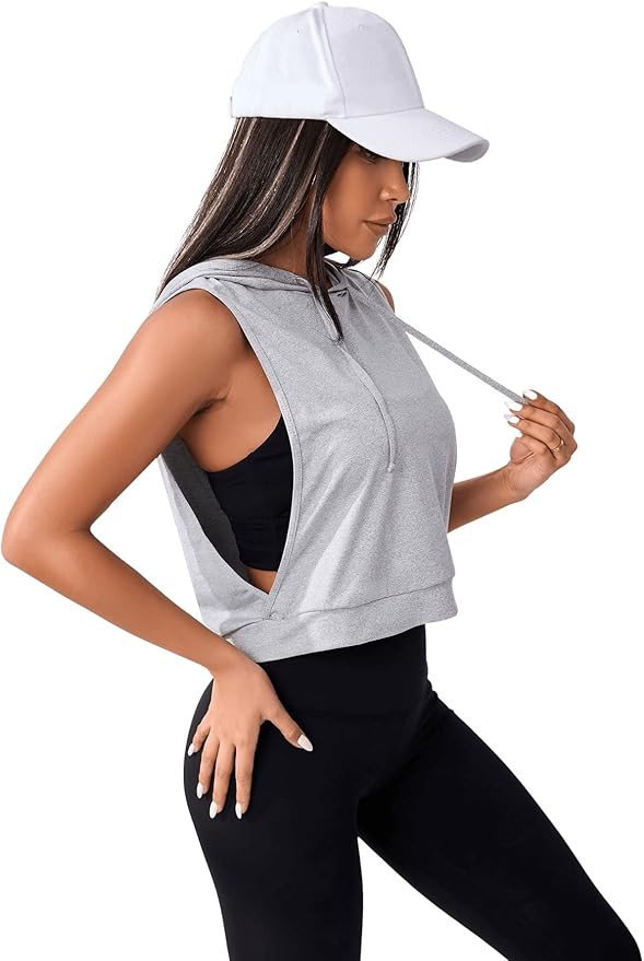 SweatyRocks Women's Sleeveless Drawstring Crop Hoodie Sweatshirt Cut Out Athletic Workout Shirt | Amazon (US)