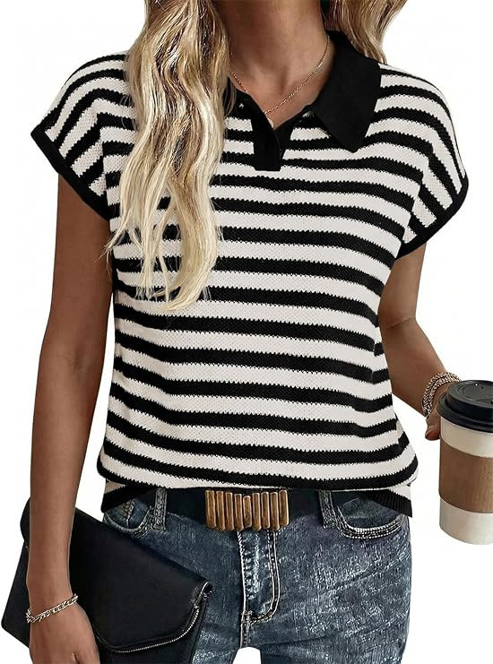 Saodimallsu Womens Striped Polo Sweater Cap Sleeve Summer Top Button V Neck Collared Knit Pullove... | Amazon (US)
