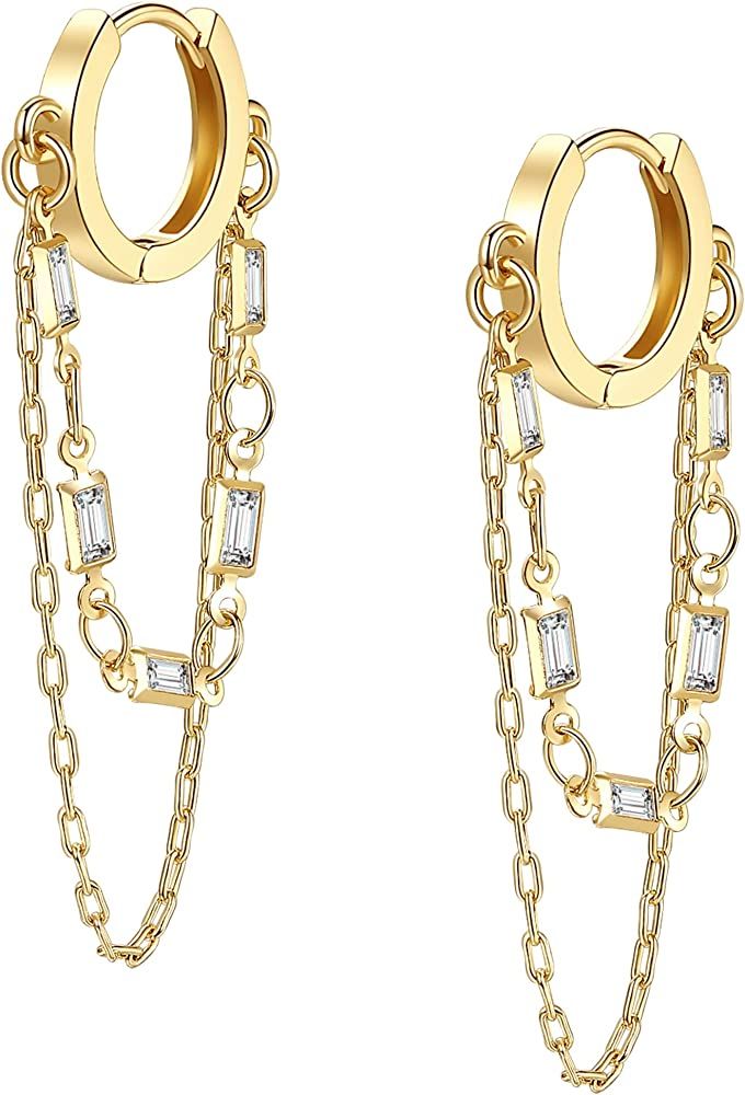 Tassel Chain Small Gold Hoop Dangle Earring For Women Girl Huggie Earring Heart Star CZ 14K Gold ... | Amazon (US)