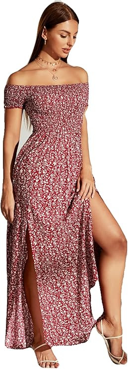 MakeMeChic Women's Boho Floral Print Off The Shoulder Shirred Split Maxi Dress | Amazon (US)
