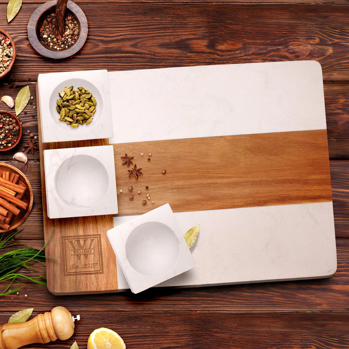 Winslow Appetizer Charcuterie Board with Condiment Bowls, White | HomeWetBar.com