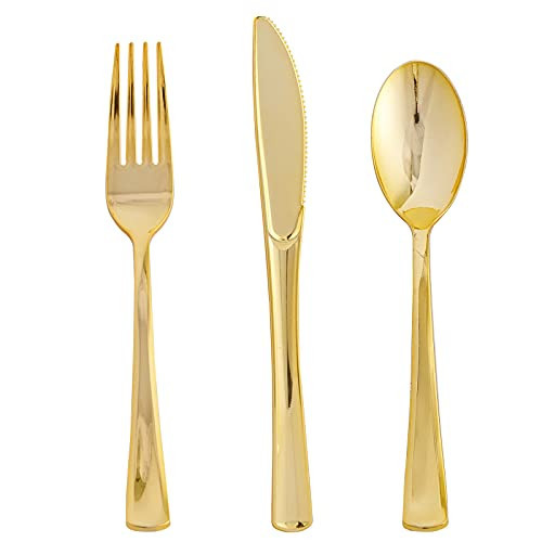 FOCUSLINE 75 Pack Gold Plastic Silverware Disposable Cutlery Set - 25 Forks Knives Spoons - Disposable Flatware Heavy Duty Plastic Utensils Set for Catering, Parties, Dinners, Weddings | Amazon (US)