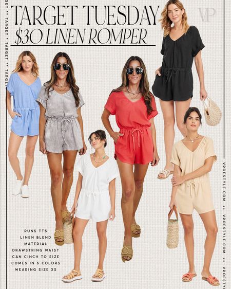 This $30 linen tie waist short sleeve romper is so versatile. Wear as a swim coverup or out & about! A summer travel piece for your vacations! Comes in 6 different color options! Wearing size xs in both. Memorial Day weekend outfit 
@target @targetstyle #targetstyle #targetrun #targethaul #targetswim #targetsale #targetfashion #target 

#LTKtravel #LTKstyletip #LTKunder50