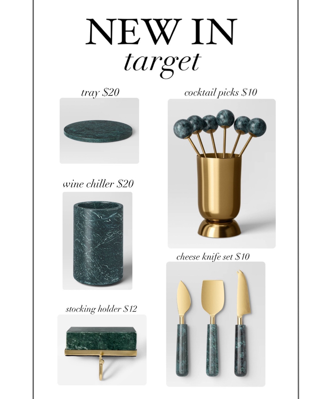 New in from Target. Green marble everything. Cocktail Picks, marble tray, wine chilling bucket, cheese & knife set, stocking holder. 

#LTKHoliday #LTKSeasonal #LTKHome