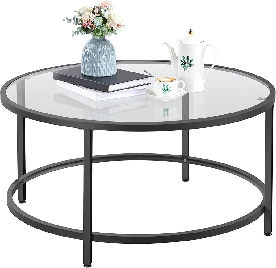 Yaheetech 36" Round Glass Coffee Table, Black Circle Coffee Table Center Table with Glass Top, Sm... | Amazon (US)