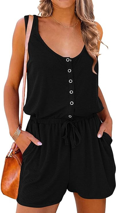 PRETTYGARDEN Women's Summer Casual Shorts Jumpsuit Plain Scoop Neck Button Down Sleeveless Tank T... | Amazon (US)
