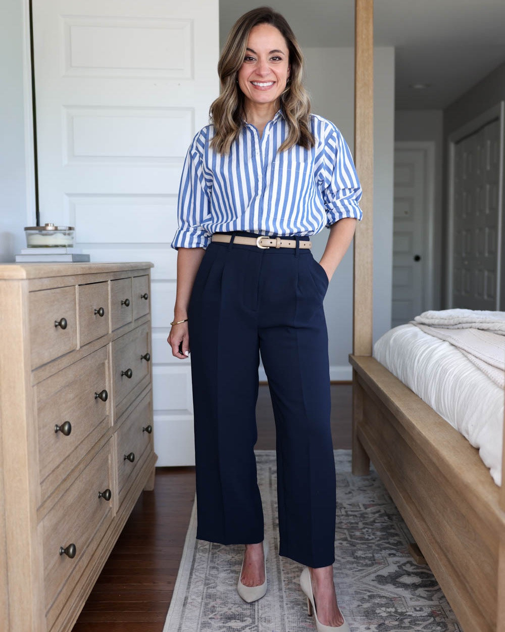 Fall workwear for petites with navy pants!

Outfit 1:
Navy pants (Aritzia): 0 - but should have gone 00, they run large. 11.5” rise (sits relaxed in your frame) / 24” inseam
Striped top (LOFT): petite xxs
Shoes (Sam Edelman): true to size

Outfit 2:
Navy pants (BR Factory): petite xxs - 27.5” inseam
Navy Cardigan (Quince): xs
Tan Sleeveless top (Quince): xs
Pointed toe flats (Sam Edelman): true to size

Outfit 3:
Ultra-Stretch Ponte Cropped Wide Leg Pants (Quince): 0 Short (24” inseam, 11” rise)
Brushed Cashmere Tee (Quince): XS
Sofia European Leather Skinny Belt: XS in Mushroom 
Tote (Quince)
Loafers (Sam Edelman): tts

My measurements for reference: I’m 4’10” and 105lbs. My bust, waist, and hip measurement is 32”, 24”, and 36”.

#LTKootd #LTKPetite #LTKWorkwear