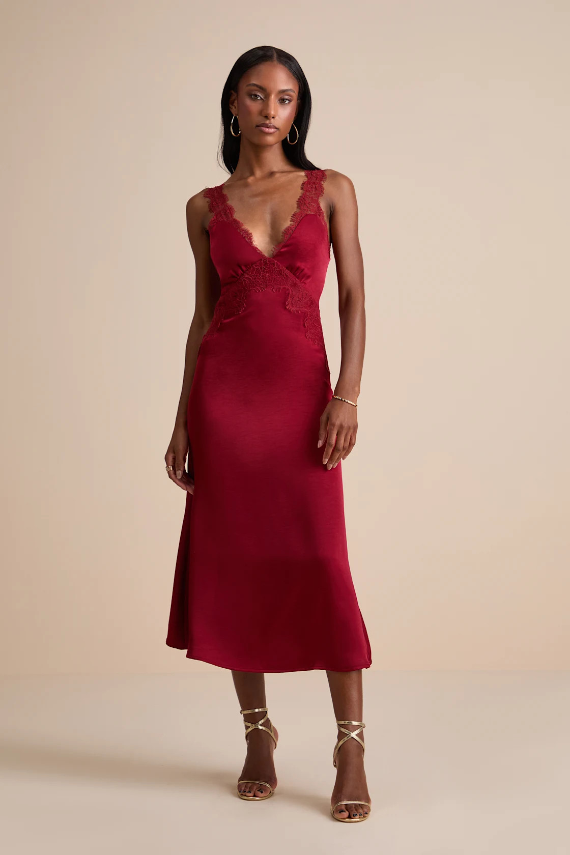 Alayah Red Satin Lace Tie-Back Midi Dress | Lulus
