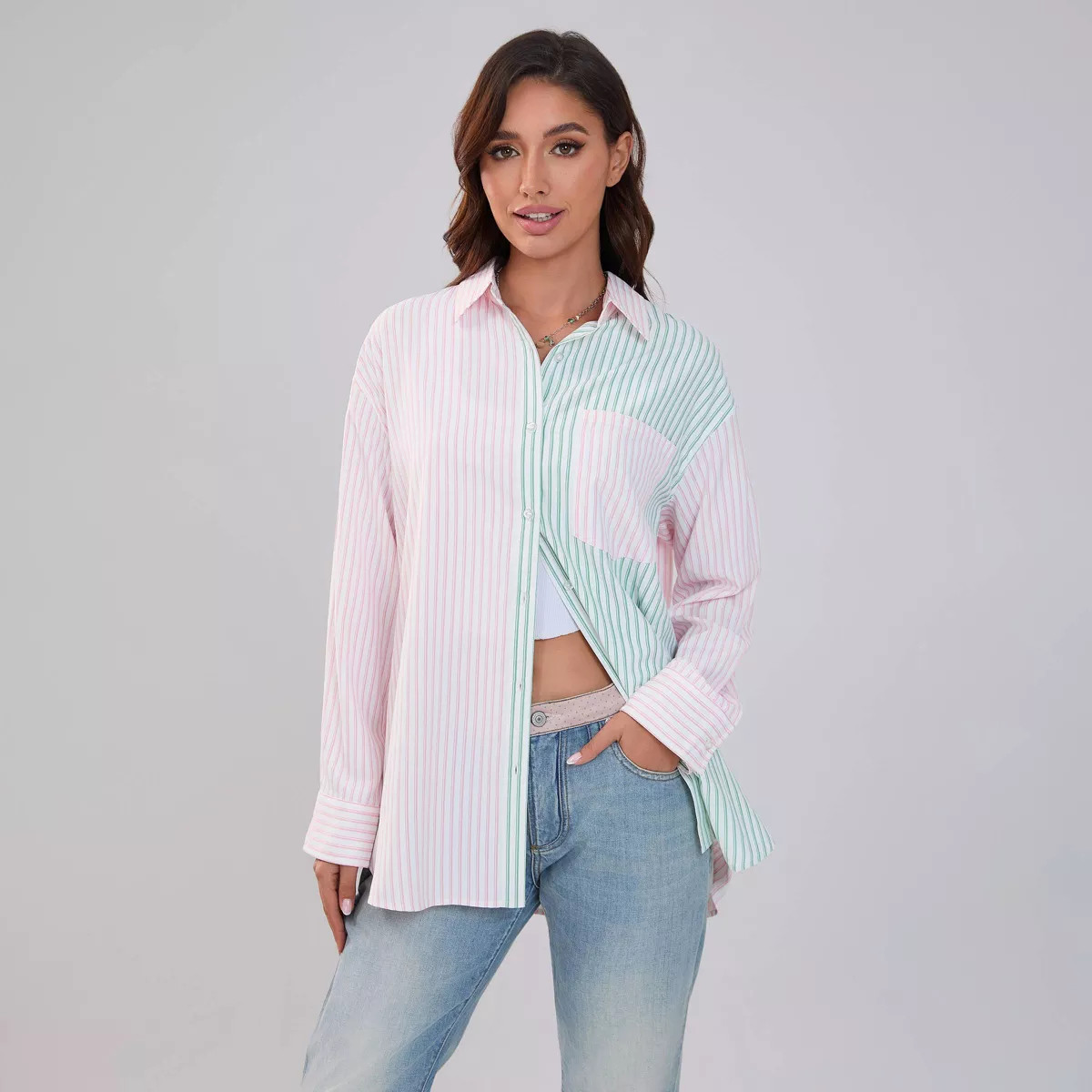 Women's Striped Closure Long Sleeve Button-Down Shirt - Wild Fable™ Pink/Green | Target