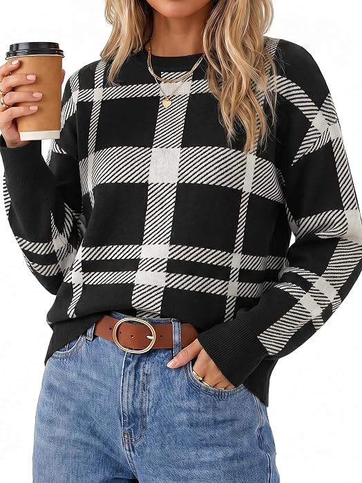 Arach&Cloz Women's Wool Blend Crew Neck Color Block Pullover Sweater | Amazon (US)