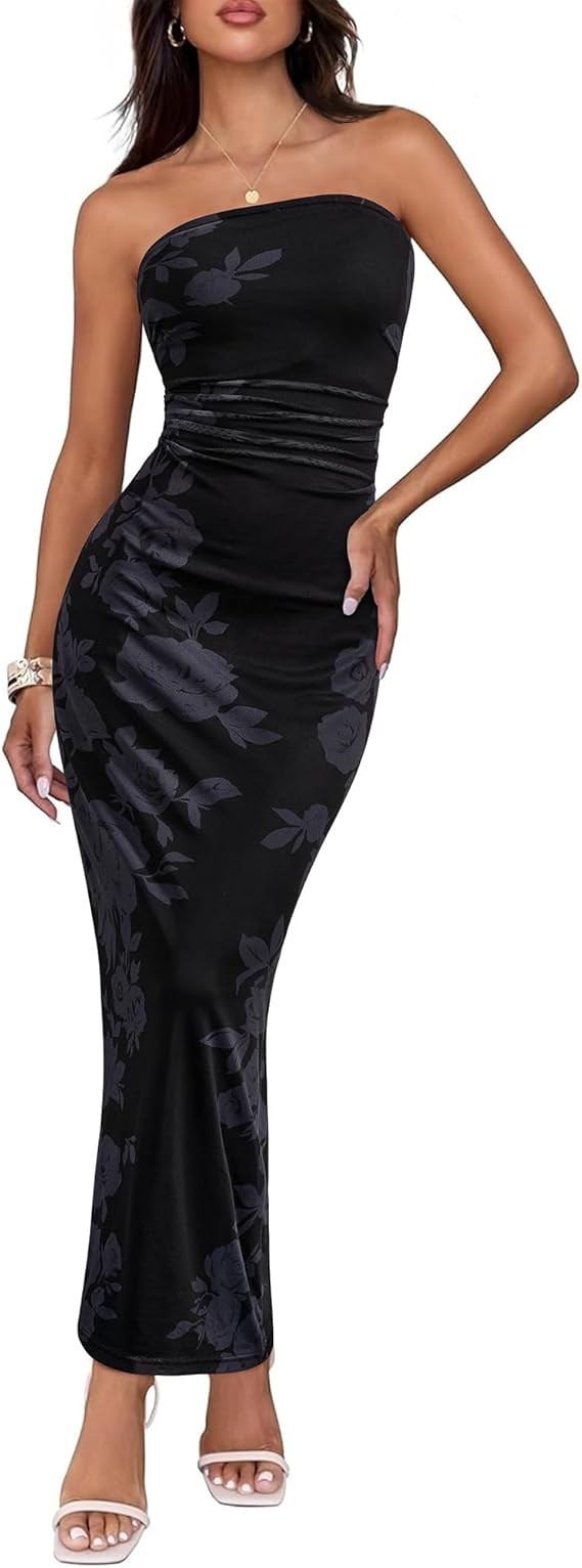 BTFBM Women's Floral Maxi Dresses Summer 2025 Strapless Tube Bodycon Mesh Layered Cocktail Party ... | Amazon (US)