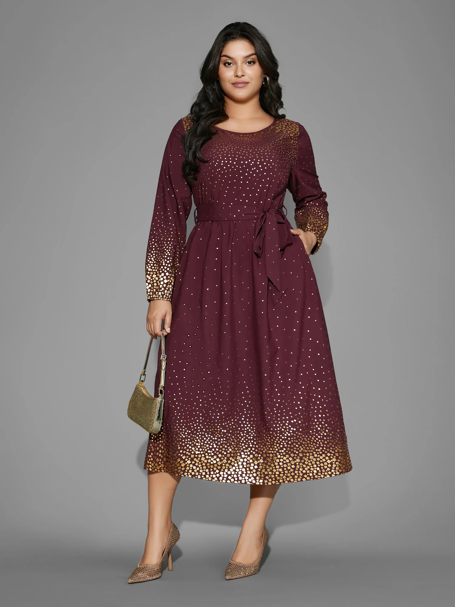 Glitter Round Neck Belted Lantern Sleeve Dress | Bloomchic