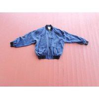 Silk Bomber Jacket Navy Blue Shoulder Pads Zip Front Oversized Women's Xl Washed Silk 80's Vintage J | Etsy (US)
