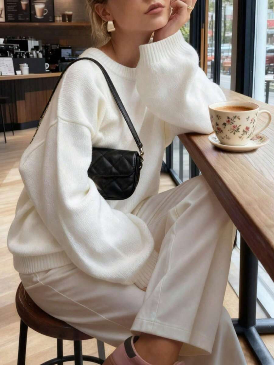 FOR BEAUTY Autumn/Winter Y2K Women's White Round Neck Long Sleeve Knit Pullover Sweater, Casual Fashion Commute Daily Wear Top | SHEIN