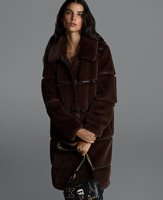 KARL LAGERFELD PARIS Womens Faux-Leather Trim Faux-Fur Coat - Macy's | Macy's