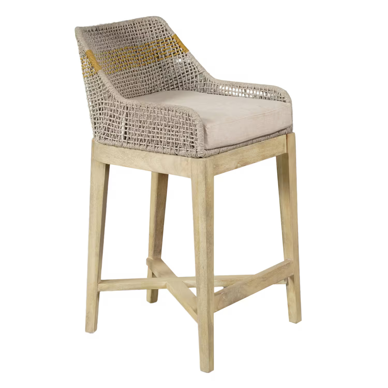 Manhattan Lane - Avira 30 Inch Set of 2 Barstool Chairs | Handcrafted Mango Wood | Cotton Rope Weaving | Beige Cushion - Natural Brown, Beige | Best Buy U.S.
