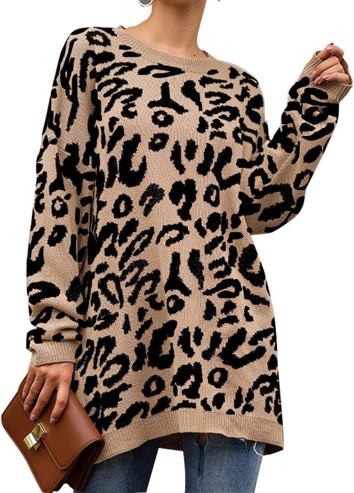 Women’s Casual Leopard Print Long Sleeve Crew Neck Oversized Pullover Knit Sweaters Tops | Amazon (US)